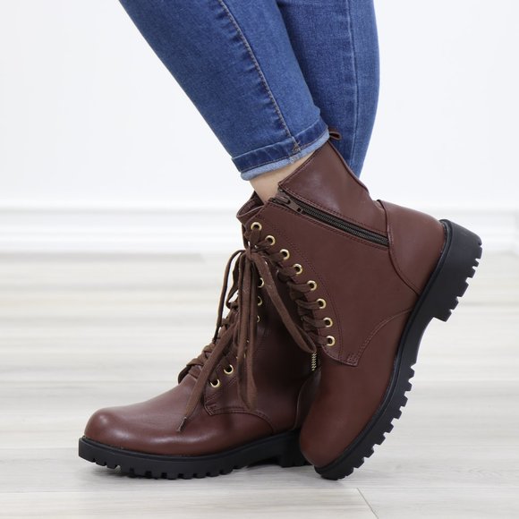 Faux leather brown laced up combat boots - Picture 8 of 11